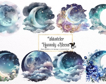 Watercolor Heavenly Moons Clipart - fantasy magic galaxy watercolor PNG format instant download for commercial use