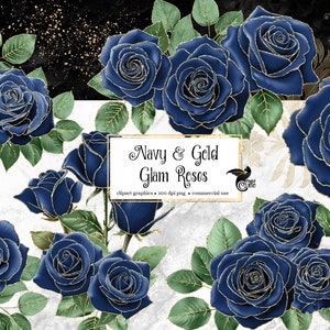 Navy and Gold Glam Rose Clip Art, digital instant download glitter flower png embellishments, pink rose, gold glitter roses