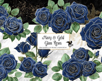 Navy and Gold Glam Rose Clip Art, digital instant download glitter flower png embellishments, pink rose, gold glitter roses