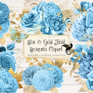 Blue and Gold Floral Clip Art, digital instant download painted watercolor flower png embellishments, blue rose, gold glitter roses