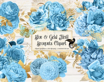 Blue and Gold Floral Clip Art, digital instant download painted watercolor flower png embellishments, blue rose, gold glitter roses