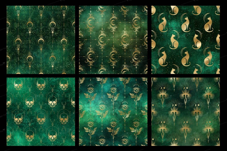 Emerald Green Arcane Digital Paper, Celestial Seamless Textures ...