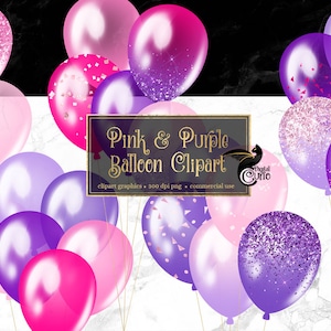 Rosa und Lila Luftballons Clipart, rosa Glitzer und Folie Konfetti Party Clipart für Geburtstage PNG-Format sofortiger Download für kommerzielle Nutzung