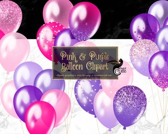 Pink and Purple Balloon Clipart, Glitter Confetti (PNG Digital Download)
