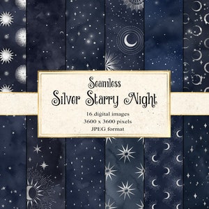 Arrière-plans de papier numérique de nuit étoilée argentée, papier numérique céleste sans soudure Silver Stars Midnight Scrapbook Paper