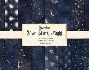 Silver Starry Night Digital Paper Backgrounds, seamless Celestial Digital Paper Silver Stars Midnight Scrapbook Paper