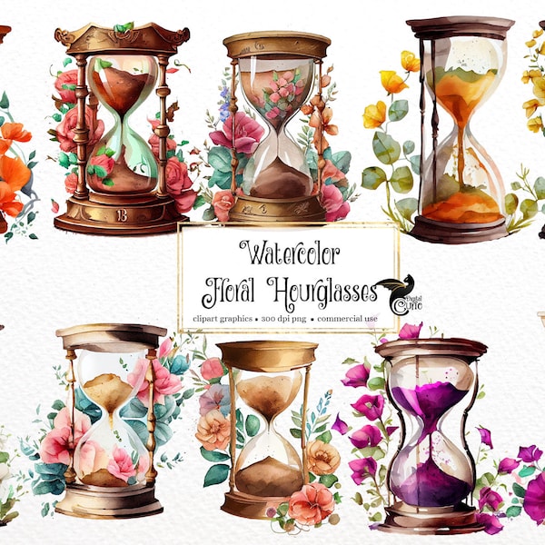 Clipart de sablier Floral aquarelle - décor de cottagecore floral rustique mignon en téléchargement instantané au format PNG pour un usage commercial