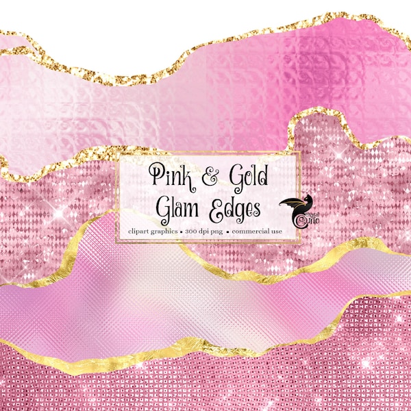 Pink and Gold Glam Edges Clipart - seamless glitter and foil metallic luxury borders in png format for commercial use