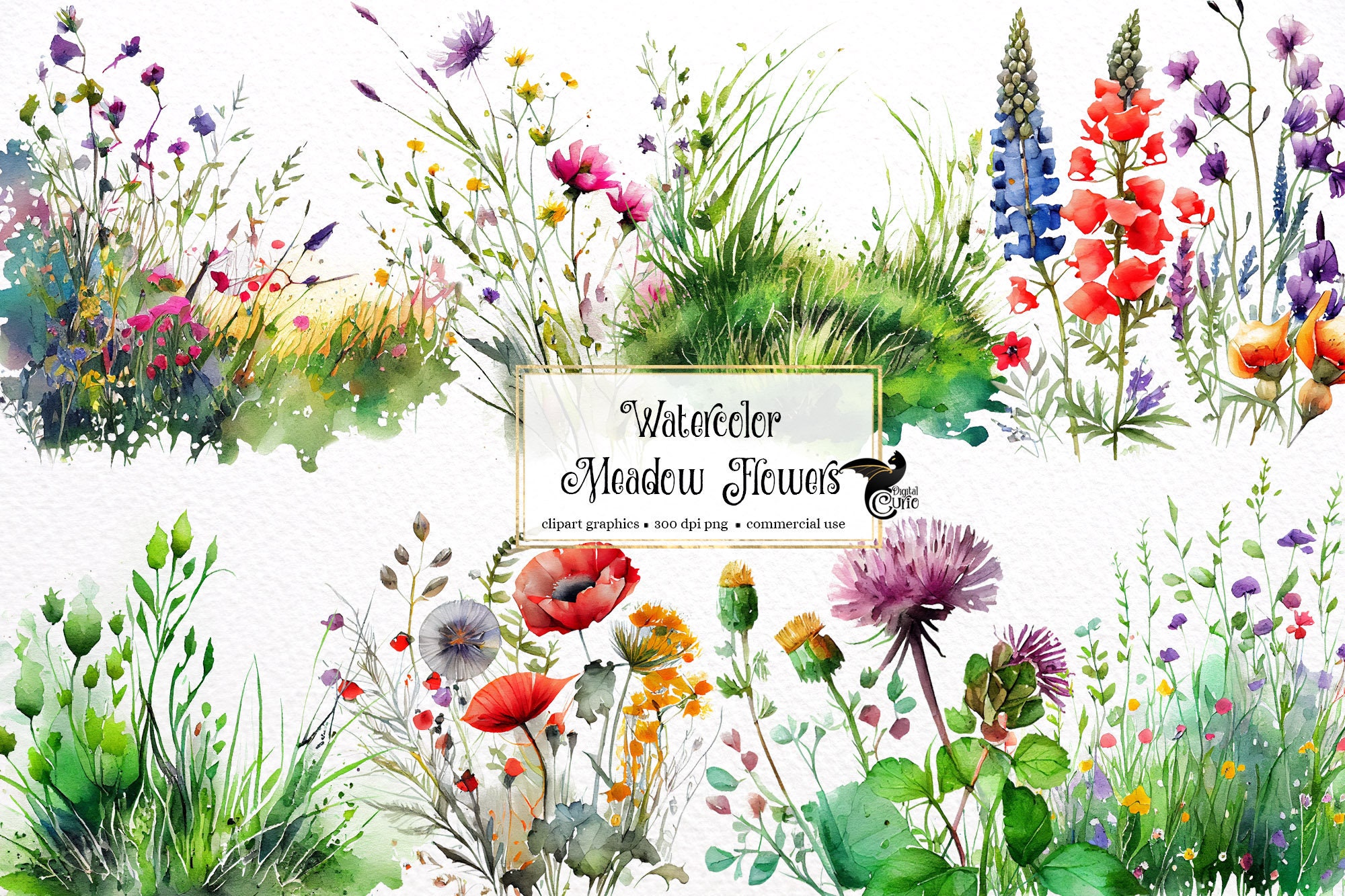 Watercolor Meadow Flowers Clipart - Spring Wildflower Floral PNG Format ...