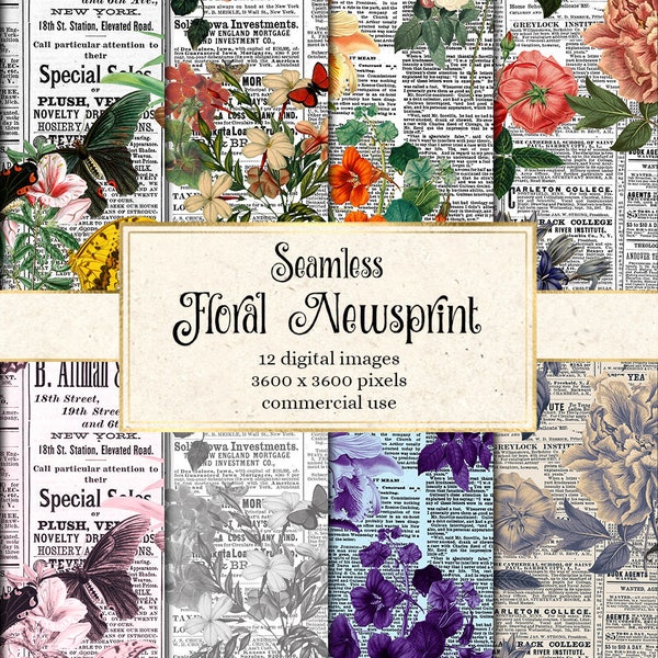 Floral Newsprint Digital Paper, seamless vintage flower patterns on old newspaper textures printable instant download for commercial use