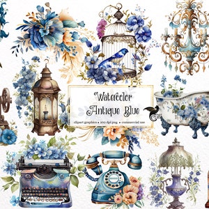 Watercolor Blue Antique Clipart - vintage shabby PNG format instant download for commercial use