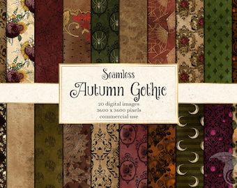 Könnte beinhalten: Ein Set mit 20 digitalen nahtlosen Mustern im Gothic-Herbst-Thema. Die Muster zeigen Schädel, Rosen, Spinnen, Monde und Damastmuster in Braun-, Grün-, Rot- und Schwarztönen. Die Muster sind 3600 x 3600 Pixel groß und für kommerzielle Zwecke bestimmt.