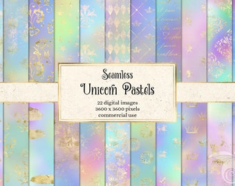 Unicorn Pastel Digital Paper, seamless rainbow and gold fantasy printable scrapbook paper instant download for commercial use