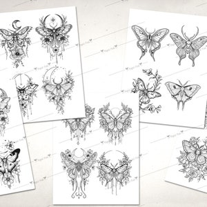 May include: Set of eight printable digital art designs featuring black and white illustrations of moths and butterflies with floral accents. The designs include crescent moons and other decorative elements.