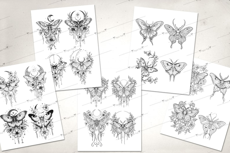 May include: Set of eight printable digital art designs featuring black and white illustrations of moths and butterflies with floral accents. The designs include crescent moons and other decorative elements.