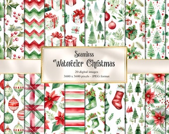 Watercolor Christmas Paper, Seamless Holiday Patterns (Digital Download)