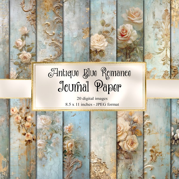 Antique Blue Romance Journal Paper, notebook digital paper rococo fantasy junk journal pages printable 8.5x11 inch A4 paper instant download