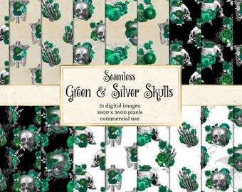 Green Silver Floral Skulls Digital Paper, Gothic Seamless Patterns (Digital Download)