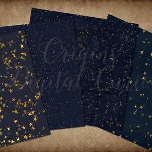 Starry Night Digital Paper Backgrounds, Celestial Digital Paper, Gold Stars Midnight Scrapbook Paper, Star Patterns, Night Sky paper image 2