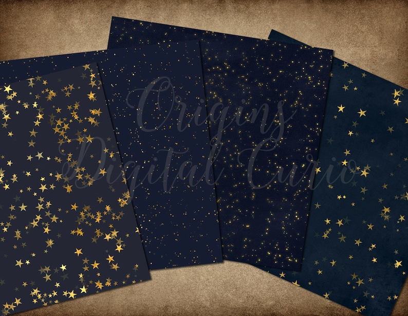 Starry Night Digital Paper Backgrounds, Celestial Digital Paper, Gold Stars Midnight Scrapbook Paper, Star Patterns, Night Sky paper image 2