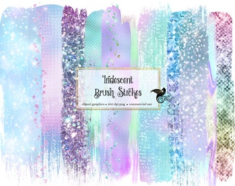 Iridescent Brush Stroke Clipart, Silver Glitter, Foil Texture (PNG Digital Download)