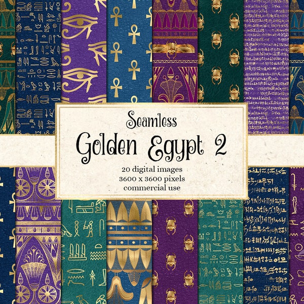 Golden Egypt 2 - papier numérique égyptien sans couture, téléchargement instantané de papier de scrapbook de hiéroglyphes pour un usage commercial