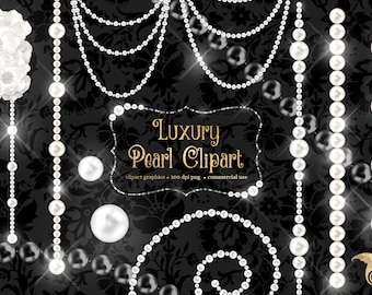 Luxury Pearl Clipart in PNG format with pearl borders, glowing pearl frames clip art and strands instant download for commercial use