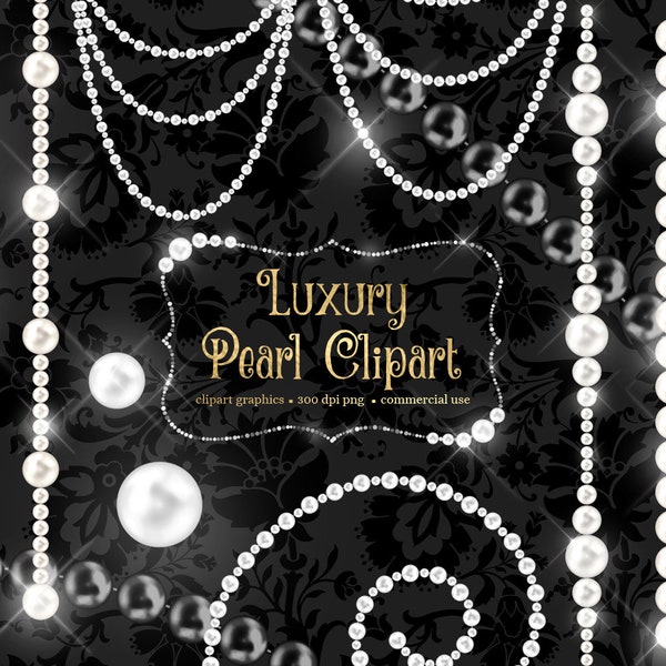 Luxury Pearl Clipart in PNG format with pearl borders, glowing pearl frames clip art and strands instant download for commercial use