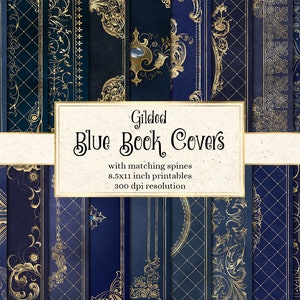 Gilded Blue Book Covers, printable decorative gilded book covers 8.5 x 11 instant download digital sheets for commercial use