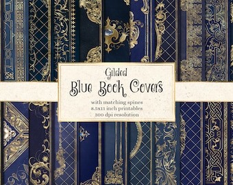 Cubiertas de libros en azul dorado, páginas de diario ornamentadas (descarga digital)
