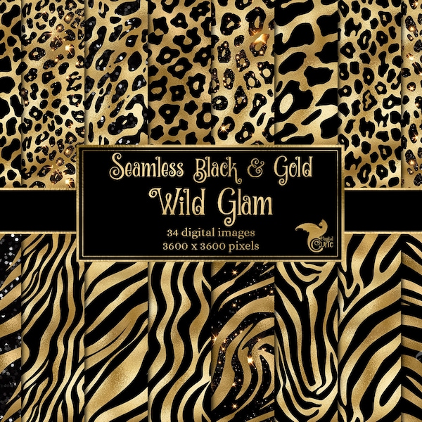 Wild Black and Gold Glam Digital Paper, seamless black and gold glitter glam backgrounds, leopard tiger stripes and cheetah print