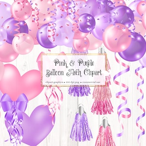 Pink and Purple Balloon Arch Clipart, balloon png digital overlays with ribbons and confetti instant download commercial use