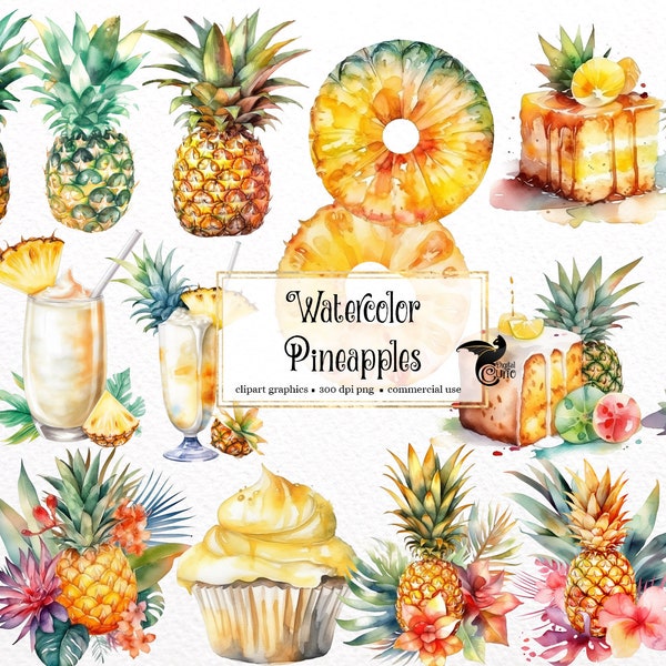 Watercolor Pineapple Clipart - digital png tropical fruit graphics for instant download commercial use