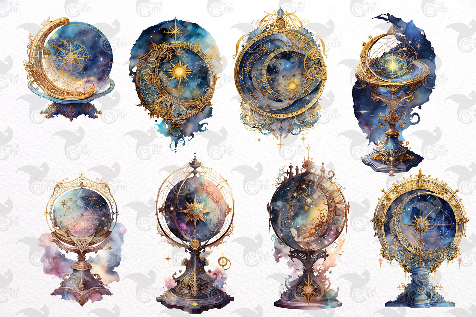 Watercolor Astrolabe Clipart - Fantasy Magic Celestial Watercolor PNG ...