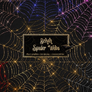 May include: A digital graphic design featuring a pattern of sparkling spider webs in various colours, including red, gold, blue, pink, and green. The text "Bokeh Spider Webs" is displayed in a black frame.