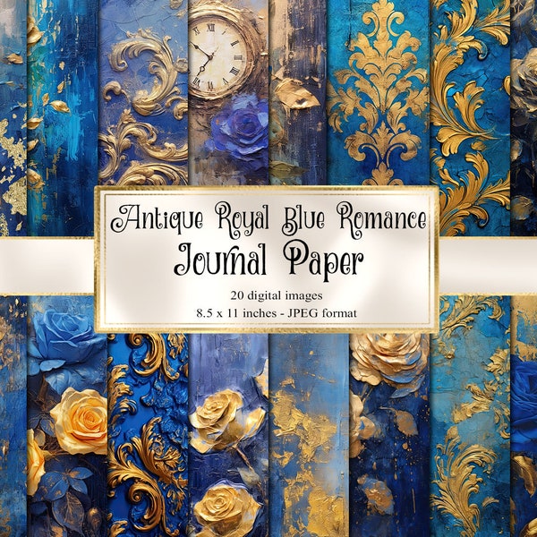 Antique Royal Blue Romance Journal Paper, notebook digital paper rococo fantasy junk journal pages printable 8.5x11 A4 instant download