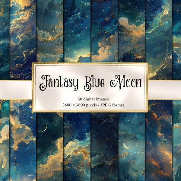 Fantasy Blue Moon Digital Paper, celestial digital paper fantasy scrapbook pages printable paper instant download