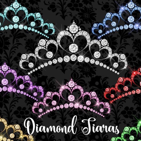 Diamond Tiaras Clipart, princess tiara clip art, diamond wedding bridal digital instant download, heart sparkle glam rhinestone tiara png