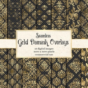 Gold Damask Pattern Overlays, seamless gold patterns in PNG format with transparent backgrounds instant download commercial use
