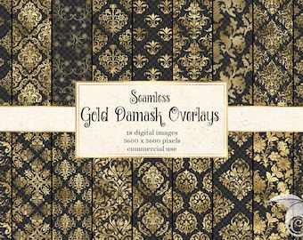 Gold Damask Pattern Overlays, seamless gold patterns in PNG format with transparent backgrounds instant download commercial use