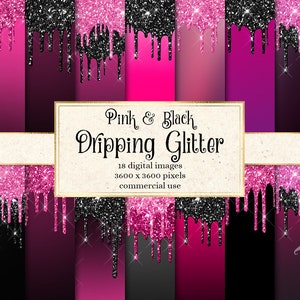 Pink and Black Dripping Glitter Digital Paper, glitter backgrounds with frosting drips printable scrapbook paper for commercial use