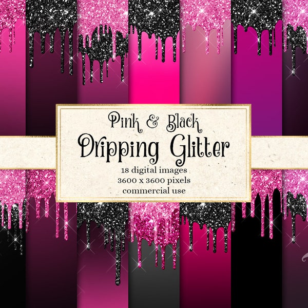 Pink and Black Dripping Glitter Digital Paper, glitter backgrounds with frosting drips printable scrapbook paper for commercial use