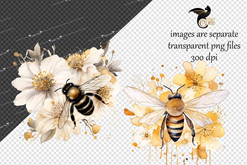 May include: Watercolor illustrations of bees and flowers. The image features two separate arrangements, one with white flowers and the other with yellow flowers. The bees have black and yellow striped bodies and transparent wings. The text "images are separate transparent png files 300 dpi" is included.