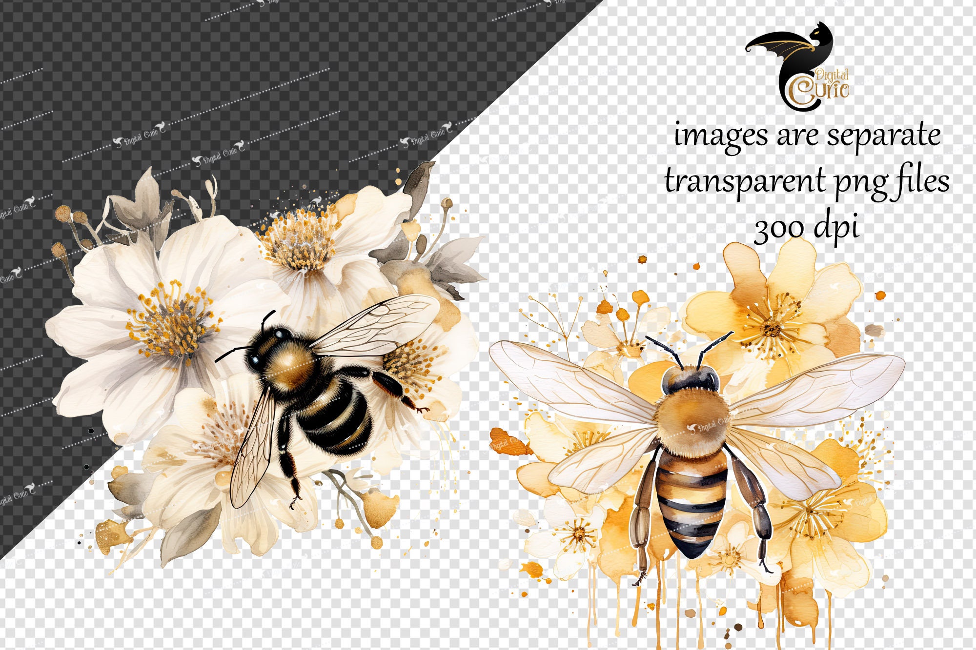 Watercolor Floral Honey Bee Clipart – Flower PNG Images (digital ...