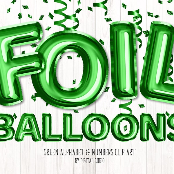 Green Foil Balloon Alphabet Clip Art - digital instant download graphics in PNG format for commercial use celebration and party designs