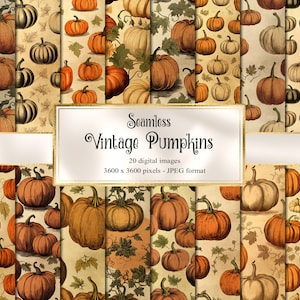 May include: A set of 20 digital seamless patterns featuring vintage illustrations of pumpkins in various shades of orange, brown, and white on a beige background. The patterns are 3600 x 3600 pixels and in JPEG format.