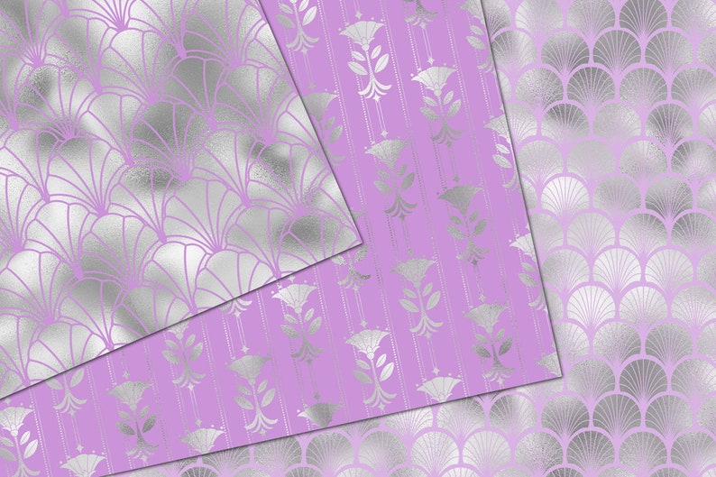 Purple and Silver Art Deco Digital Paper, Shimmering Patterns ...