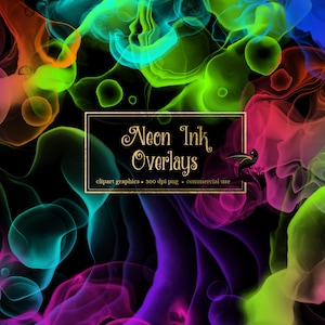 May include: Abstract digital art featuring vibrant neon ink overlays in shades of pink, purple, blue, green, and orange. The image is set against a black background and includes the text "Neon Ink Overlays".
