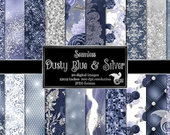 Staubig Blau Silber Digitales Papier, Floral Damast, Glitzer Texturen (Digitaler Download)