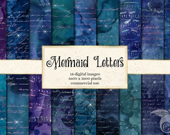 Mermaid Handwriting Digital Paper, Glitter Watercolor Backgrounds (Digital Download)